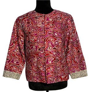 Chico's Size 1 Blazer Jacket Red Pink Silk Lined 3/4 Sleeve Silver Metalic